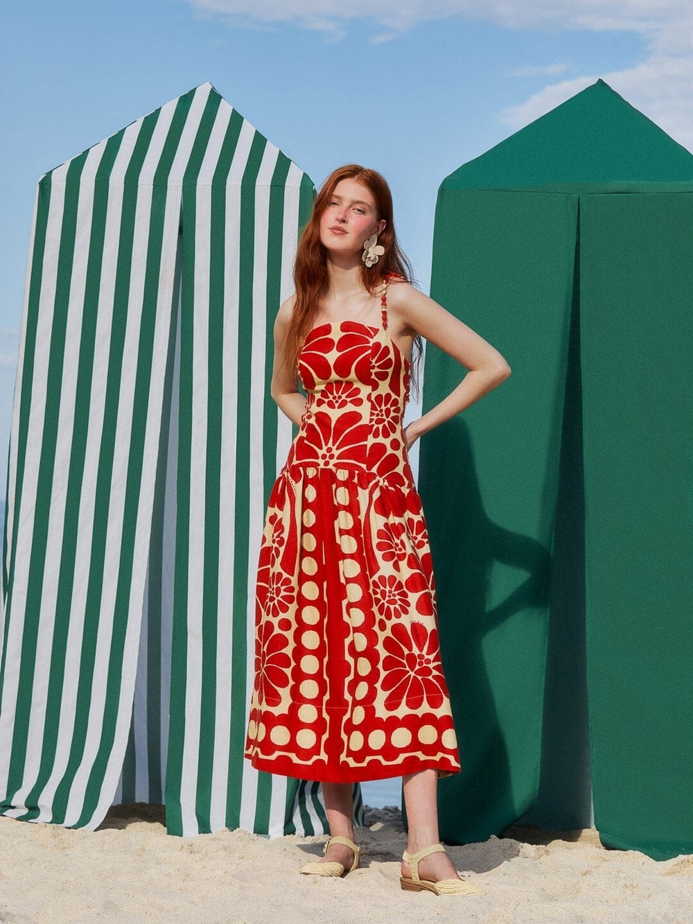 FARM Rio Red and Cream Floral Midi Dress 100% Linen Euro Summer Vacation Dress